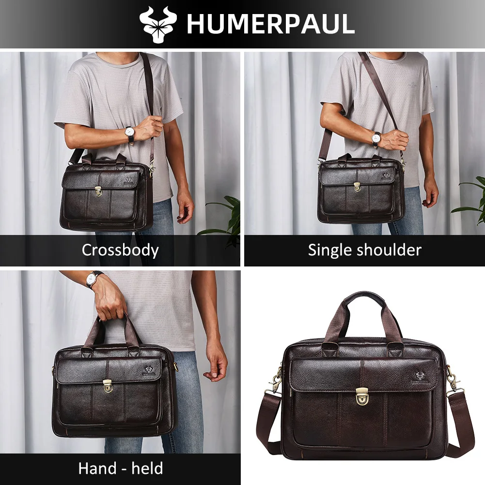 HUMERPAUL ผู้ชายหนังแท้ 15 นิ้วแล็ปท็อปกระเป๋าเอกสารกระเป๋าถือมัลติฟังก์ชั่ธุรกิจกระเป๋าสําหรับคอมพิวเตอร์ผู้ชาย Satchel กระเป๋า