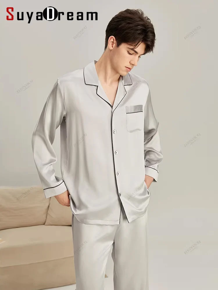 SuyaDream, Mens Silk Pajamas, 19mm 100%Real Silk, Long sleeved Sleepwear Set, 2026 Spring Summer Two-piece Nightwear