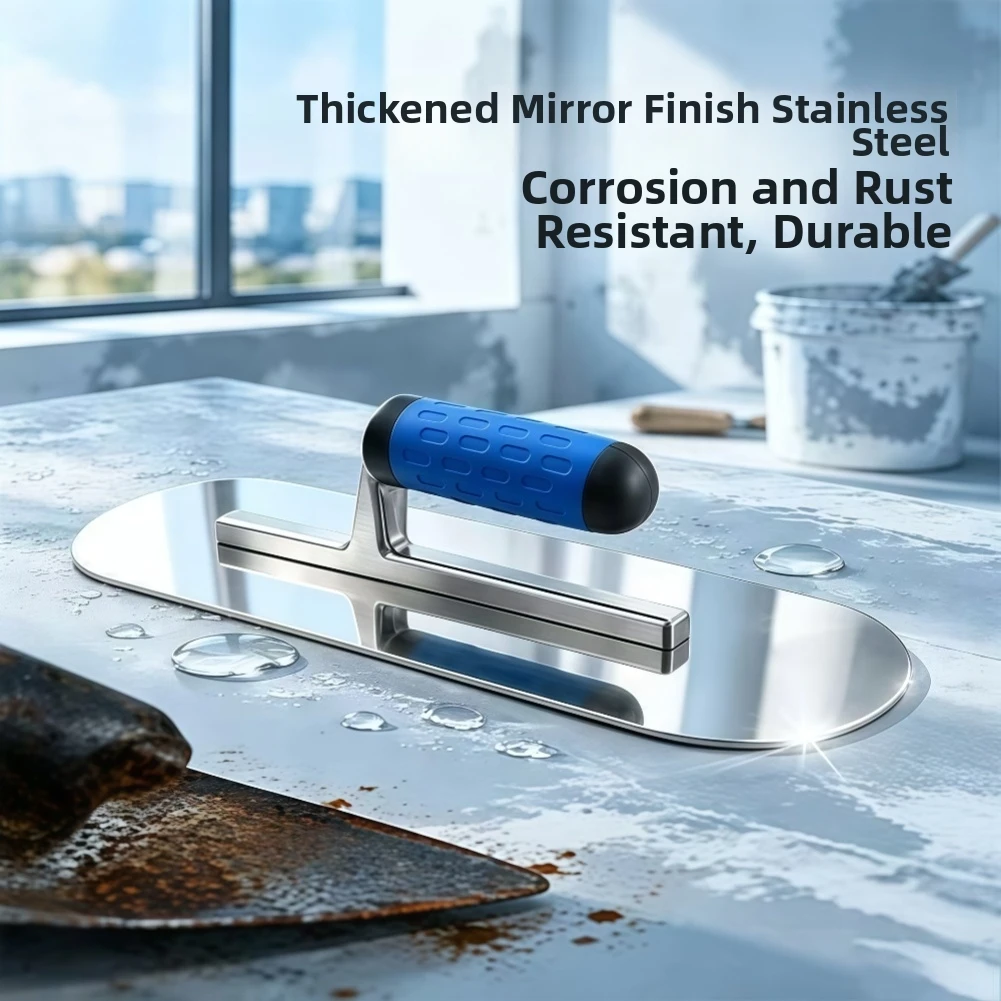 Round Stainless Steel Trowel for Plastering Drywall Smoothing and Finishing Mirror Polished Non Slip Blue 40 20 10cm