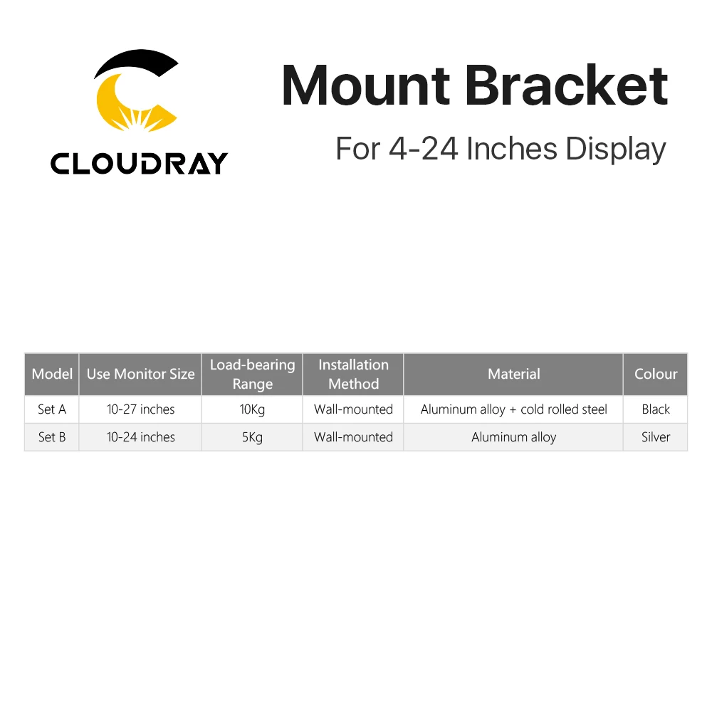 Cloudray Black & Silver TV Disply Mount Bracket 160*160mm for DIY Fiber Marking Machine 4-24 Inches Display Computer