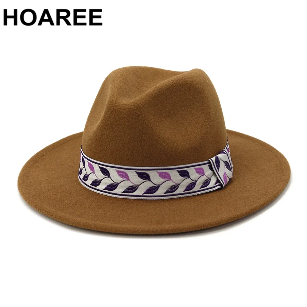 

HOAREE Khaki Women Fedora Wide Brim Hat Wool Leaf Print Vintage Hats for Women Men Sombrero Army Green Woolen Felt Cap Purple