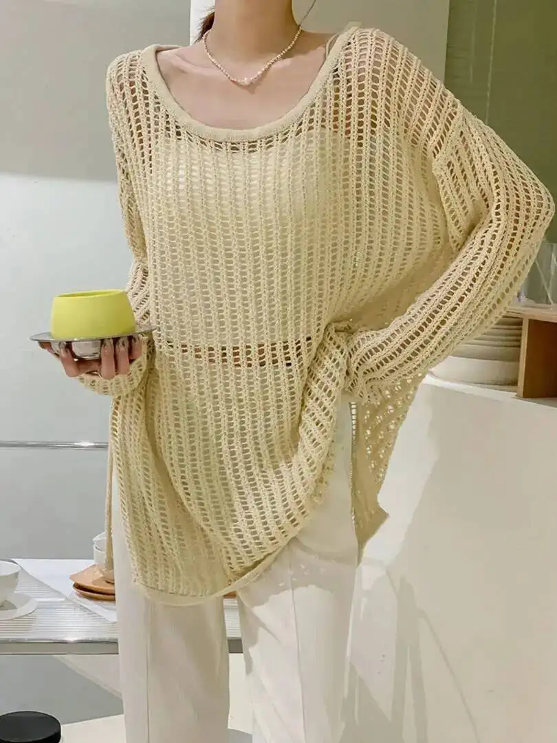 

Green Hollow Out Big Size Knitting Sweater Round Neck Long Sleeve Women Pullovers New Fashion Spring Autumn