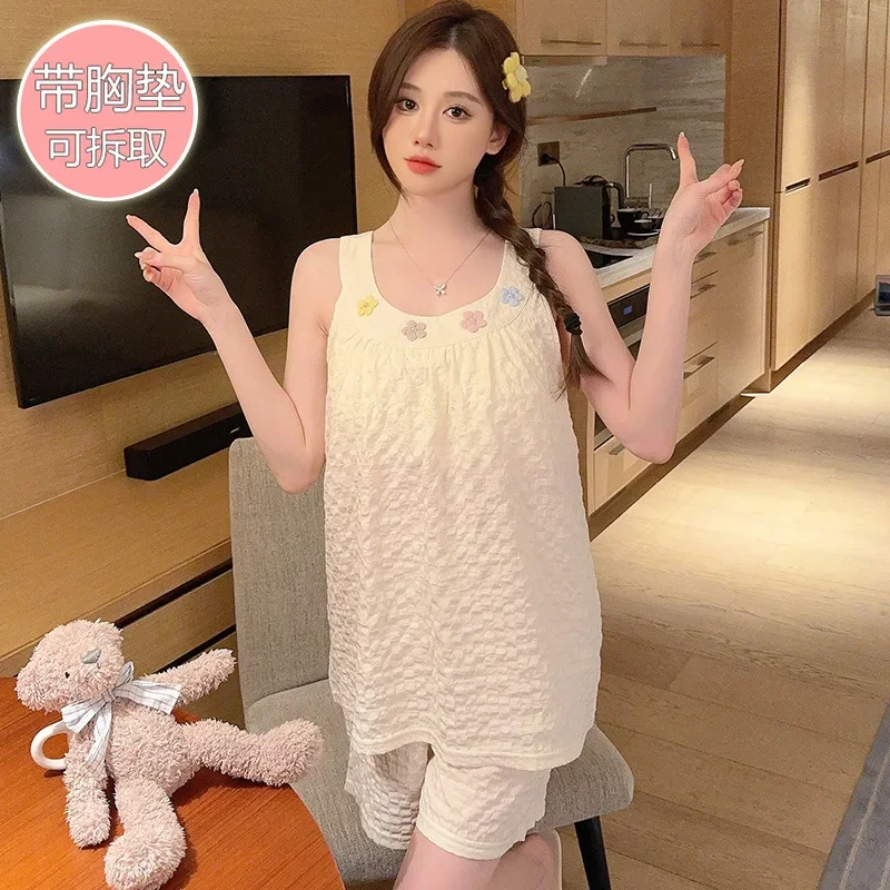 Pijama de algodón con almohadillas para el pecho para mujer, ropa de casa suave y acogedora, estilo coreano, talla grande, Verano
