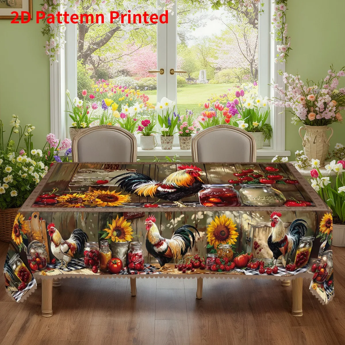 Tablecloth 1 piece - American retro farm chicken and sunflower pattern tableclothxzj