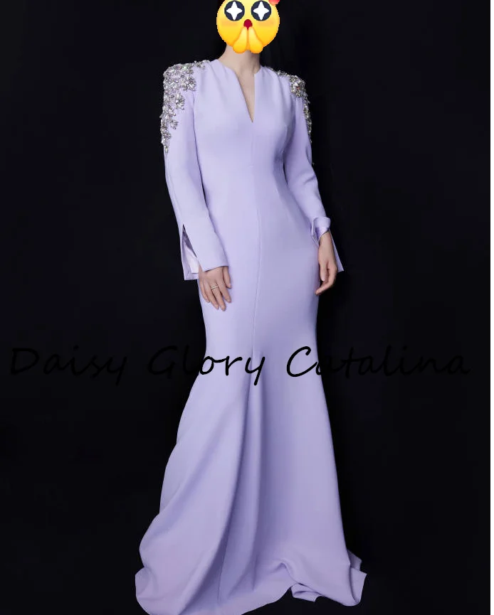 Lilac Purple Crystals Evening Party Dress A-Line Mermaid V Neck Prom Dress gala 2024 Long Saudi Arabia Cocktail Occasion Wedding