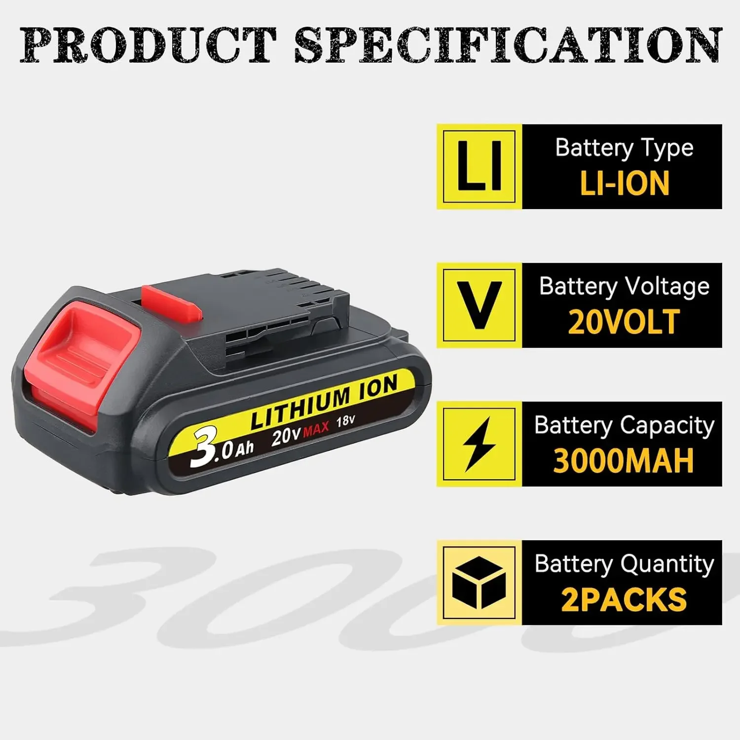 แบตเตอรี่ VANON DCB201 2 ก้อน 3.0Ah ใช้แทนแบตเตอรี่ Dewalt 20V รุ่น DCB206 DCB207 DCB204 เหมาะสำหรับเครื่องมือไฟฟ้ารุ่น DCD/DCF/DCG/DCS
