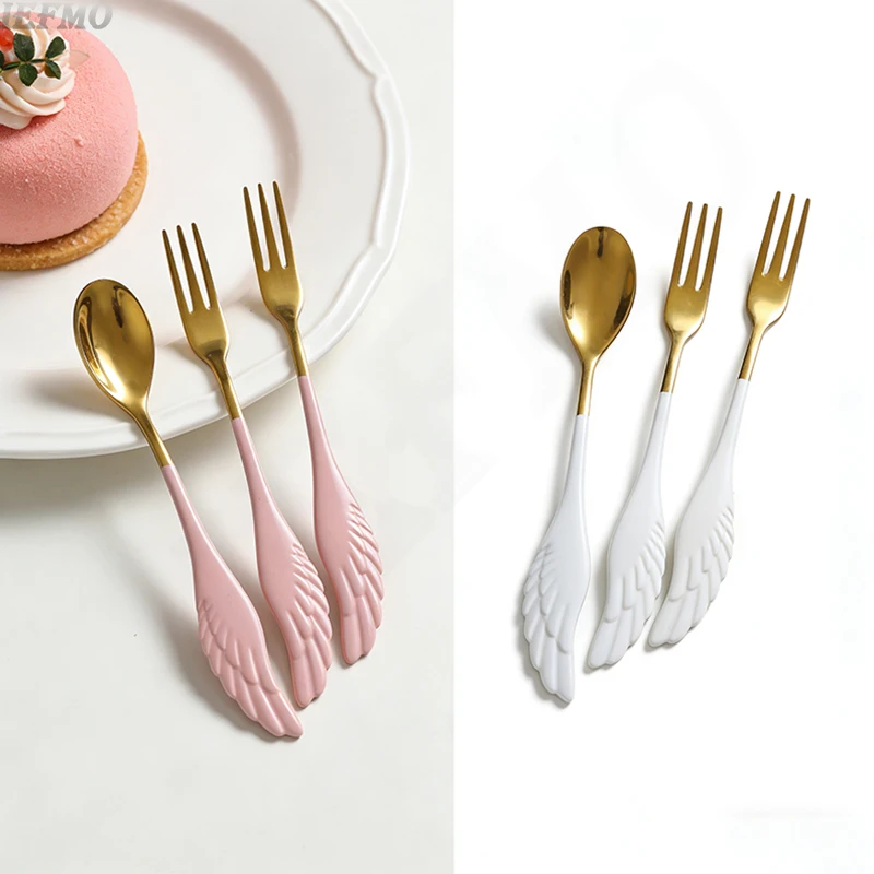 

Coffee Dessert Spoon Set 304 Stainless Steel Stirring Spoons with Wing Design Fruit Tea Forks Household Tableware Gift Set