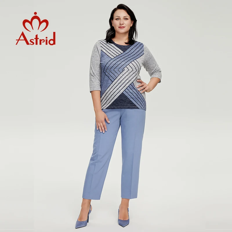 Astrid-Camisola de impressão geométrica com o pescoço feminino, Camisetas femininas, Roupas extragrandes, Artesanato de diamantes, Tops da moda, Tendências, 2022