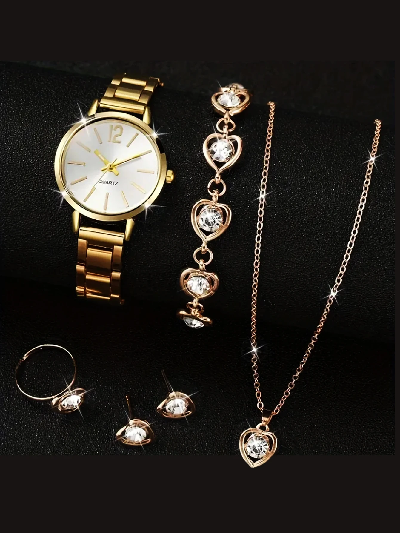 Gold alloy small scale women\'s quartz watch and white hollow necklace set party banquet wear gift