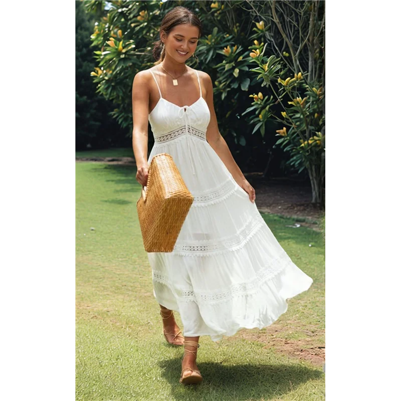 ABRT-Women's Boho Crochet Lace Maxi Dress Solid Color Summer Vacation Spaghetti Strap Long Dress