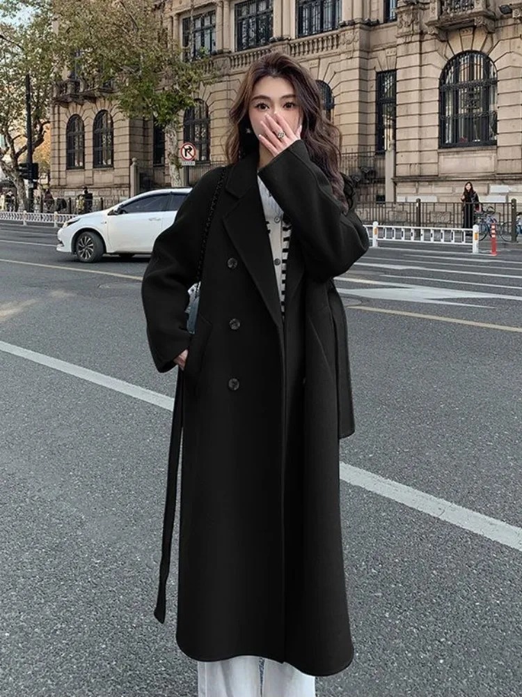 Autumn Winter Loose Woolen Coat for Women Casual Solid Outerwear with Belted Korean Fashion Chic Female Overcoat Outerwear New