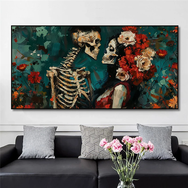 Large Frameless Canvas Wall Art,Skull Couple with Flower Posters Mexican Style Canvas Painting HD Print Abstract Wall Art Pictur