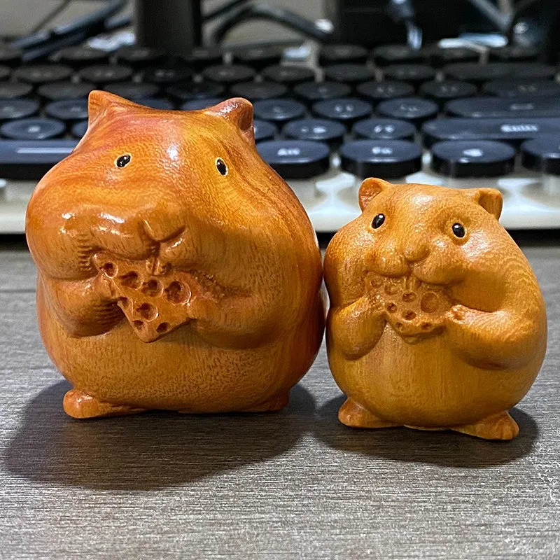 Adorable Hamster Eating Cheese Figurine Wooden Tabletop Decor Craft Set of Home Office Shelf Accent Gift Idea for Animal Lovers