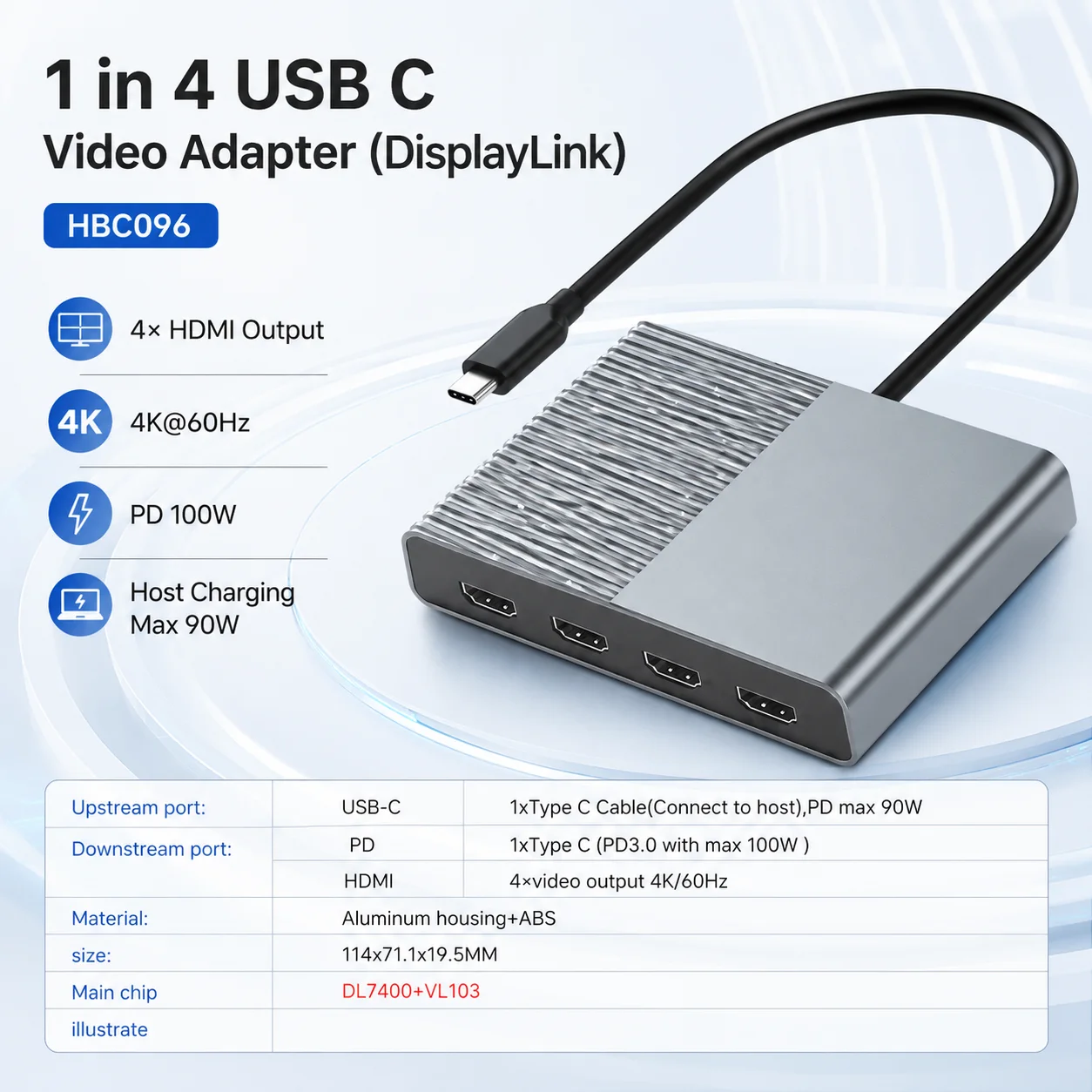 1-in-4 USB-C to Quad HDMI Adapter, DisplayLink 4K*60Hz Video Converter, 100W PD Charging, DL7400 Multi-Monitor Dock for Laptop