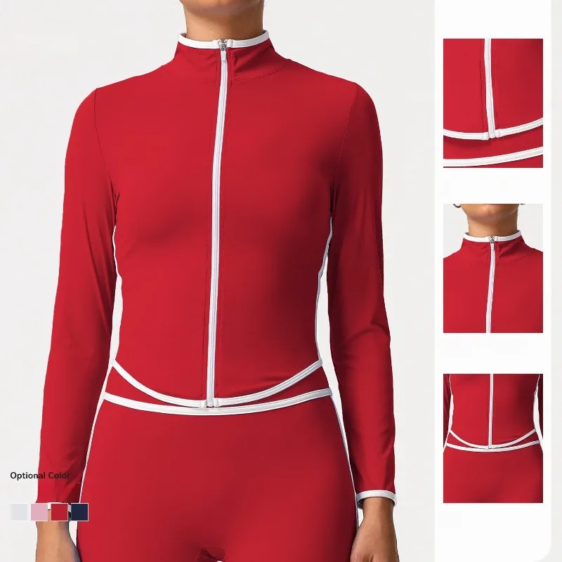 

Куртка для фитнеса, женская одежда для бега, йоги, осенне-зимняя верхняя одежда с цветными блоками и воротником-стойкой на молнии с длинными рукавами