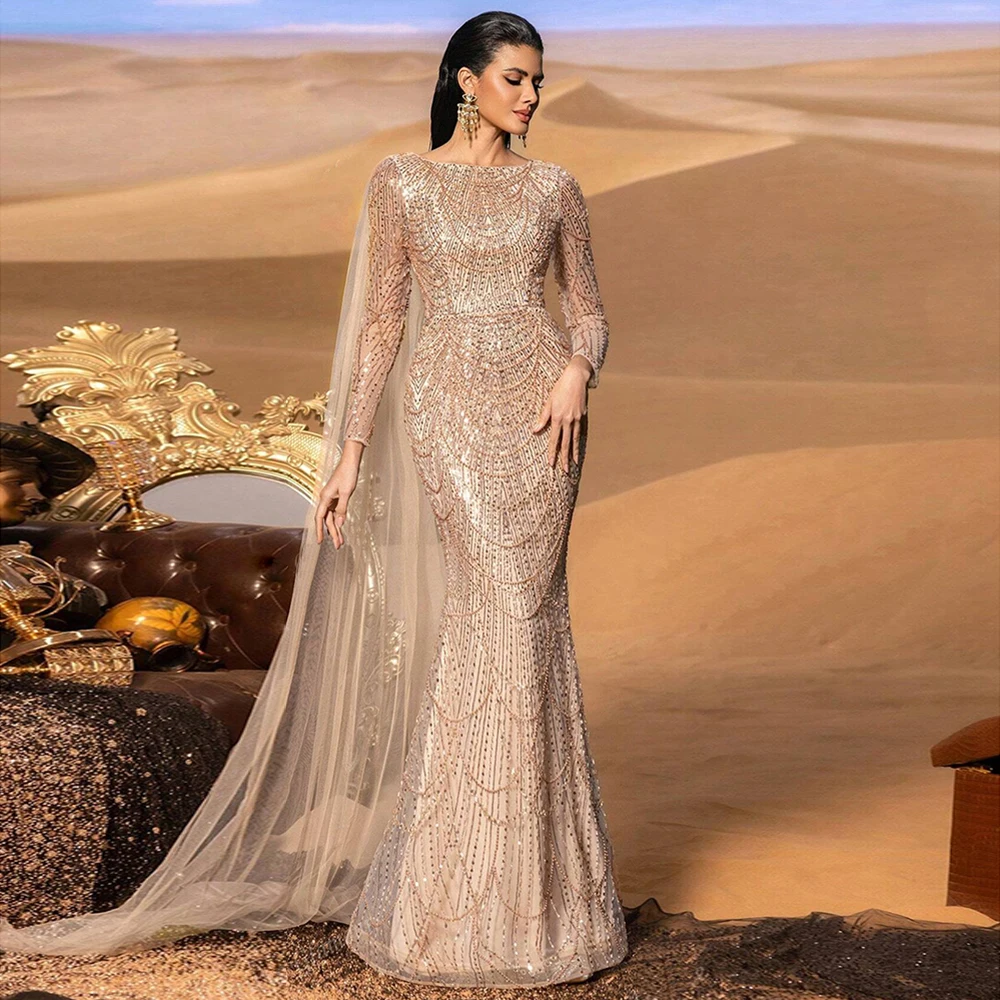 Elegant Rose Gold Muslim Pearls Mermaid Evening Dress Long Formal Gown for Women 2026 Arabia Dubai Prom Party Wedding Customized
