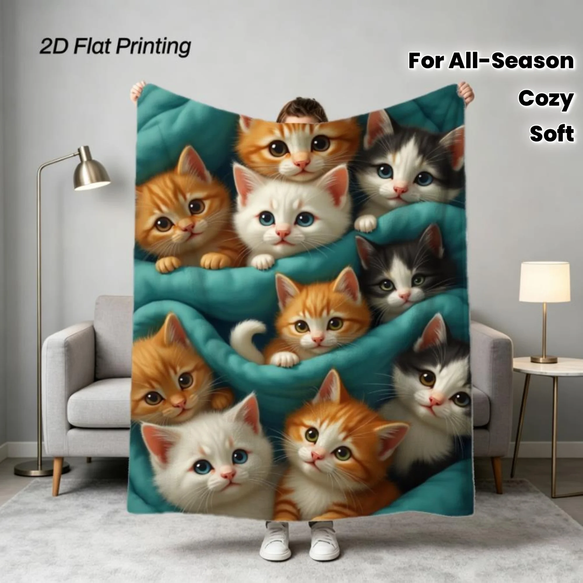1pc Cozy Kitten Cluster Weighted Blanket - Soft Teal Throw Suitable for All-Season Use with Adorable Orange, White & Black, Painterly Style Flannel Bedspread for Home,, Camping, Machine Washable Gift for Lovers