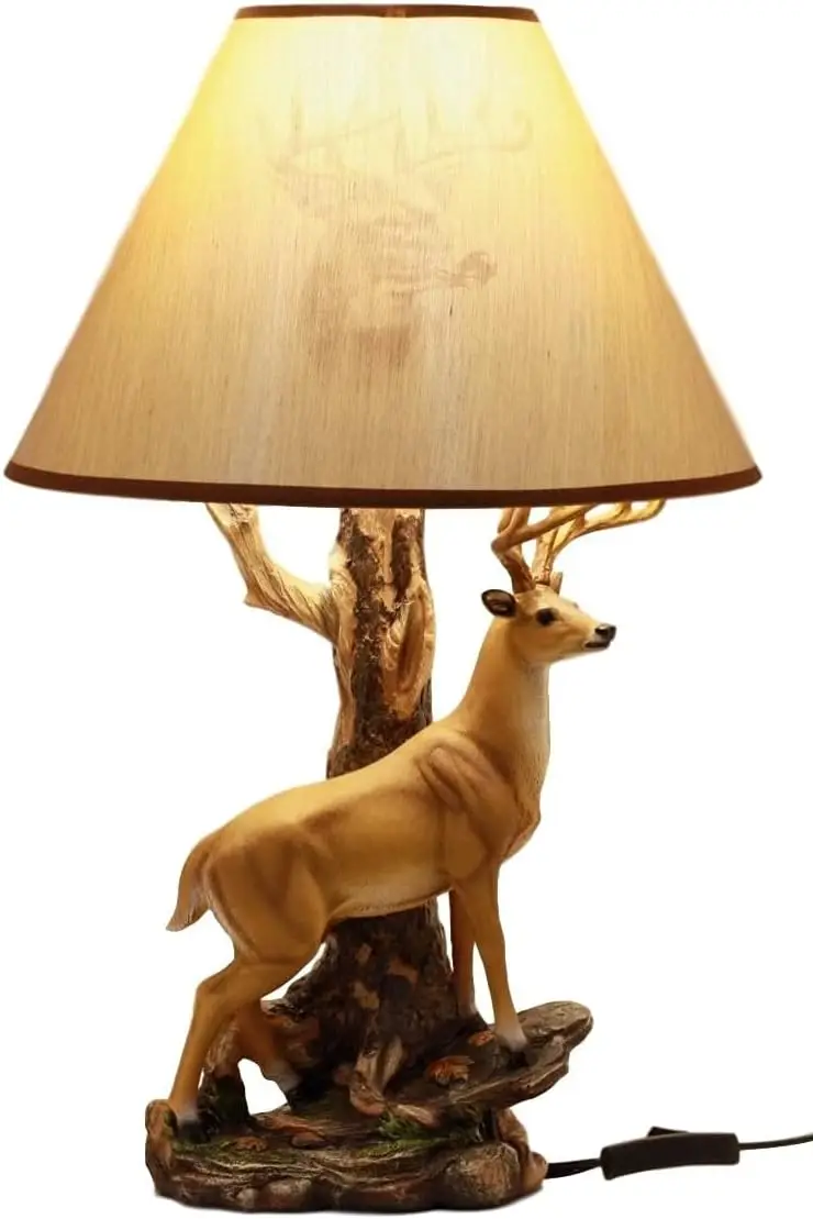 

Wildlife Nature Rustic Western Forest 12 Point Whitetail Stag Deer Buck Desktop Table Lamp with Nature Printed Tan Shade Home D