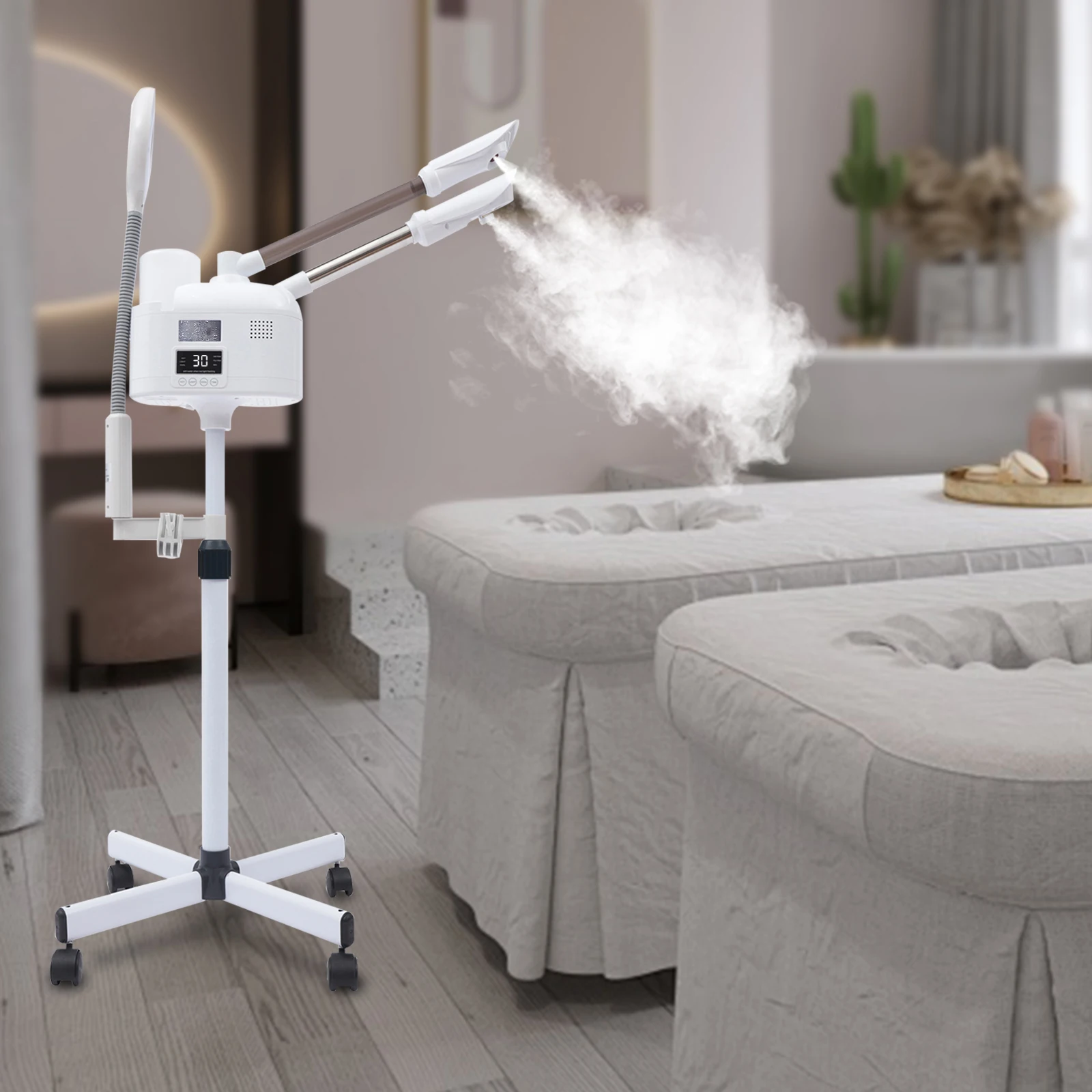 Vaporizador Facial Nano de 750W con Pulverizador Frío y Caliente, Pantalla Táctil Inteligente, Luz LED y Lupa, Tecnología de Calentamiento PTC