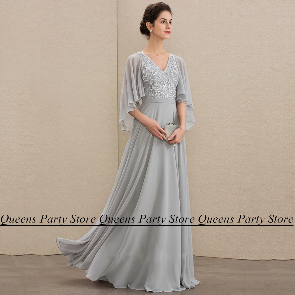 

Silver Mother of The Bride Dress with Batwing Sleeves V Neck Beading Lace Floor Length Chiffon Evening Party Dresses fro Wedding