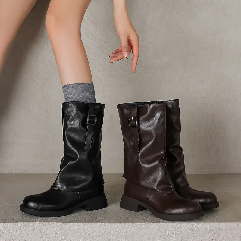 2026 new autumn winter women mid-calf boots natural leather 22-26cm cowhide+microfiber+pigskin round toe women pants boots