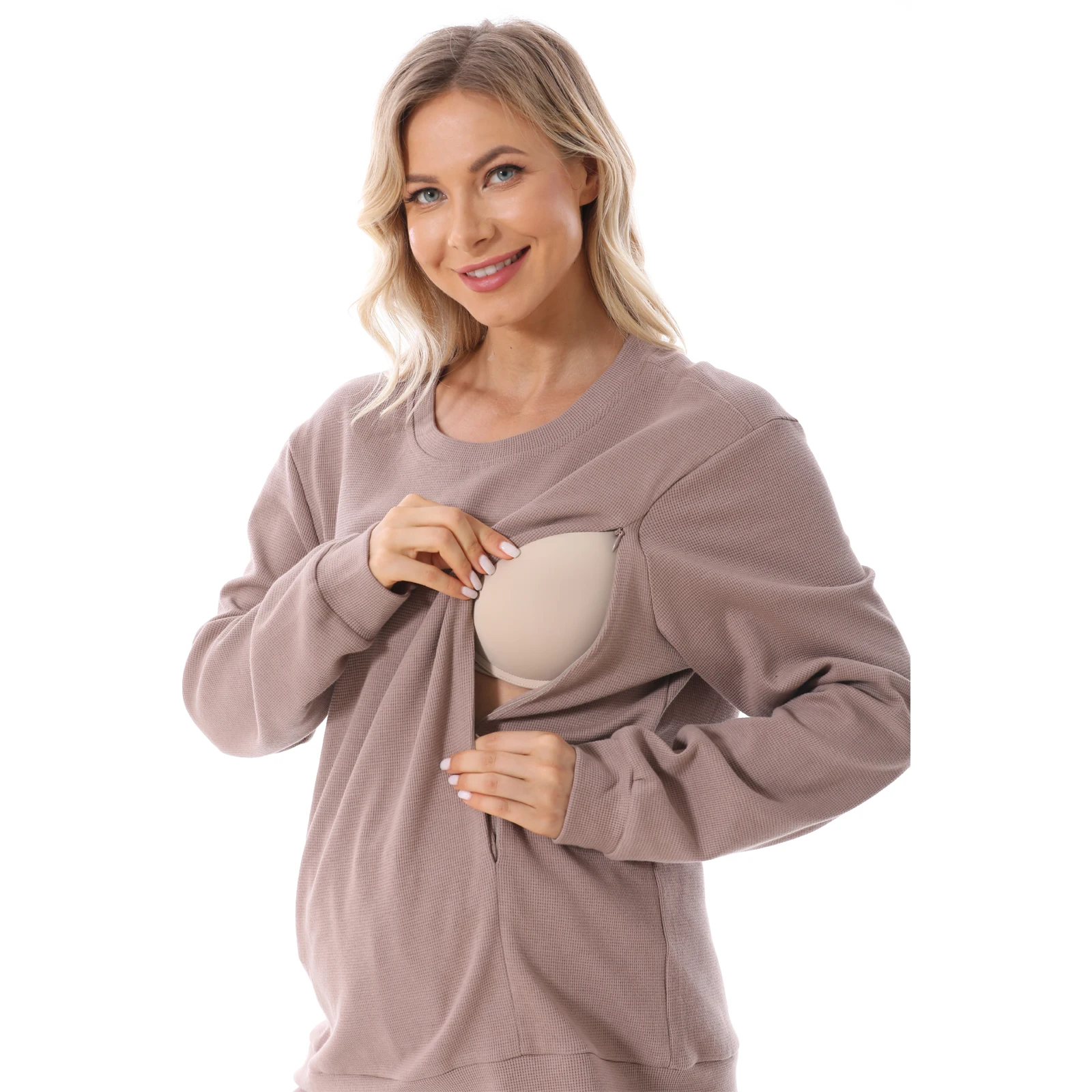 

2025 New Maternity Clothes Wear Set Waffle Breastfeeding Sweater Hoodies Pregnancy Casual Tops for Pregnant Women Autumn Winter
