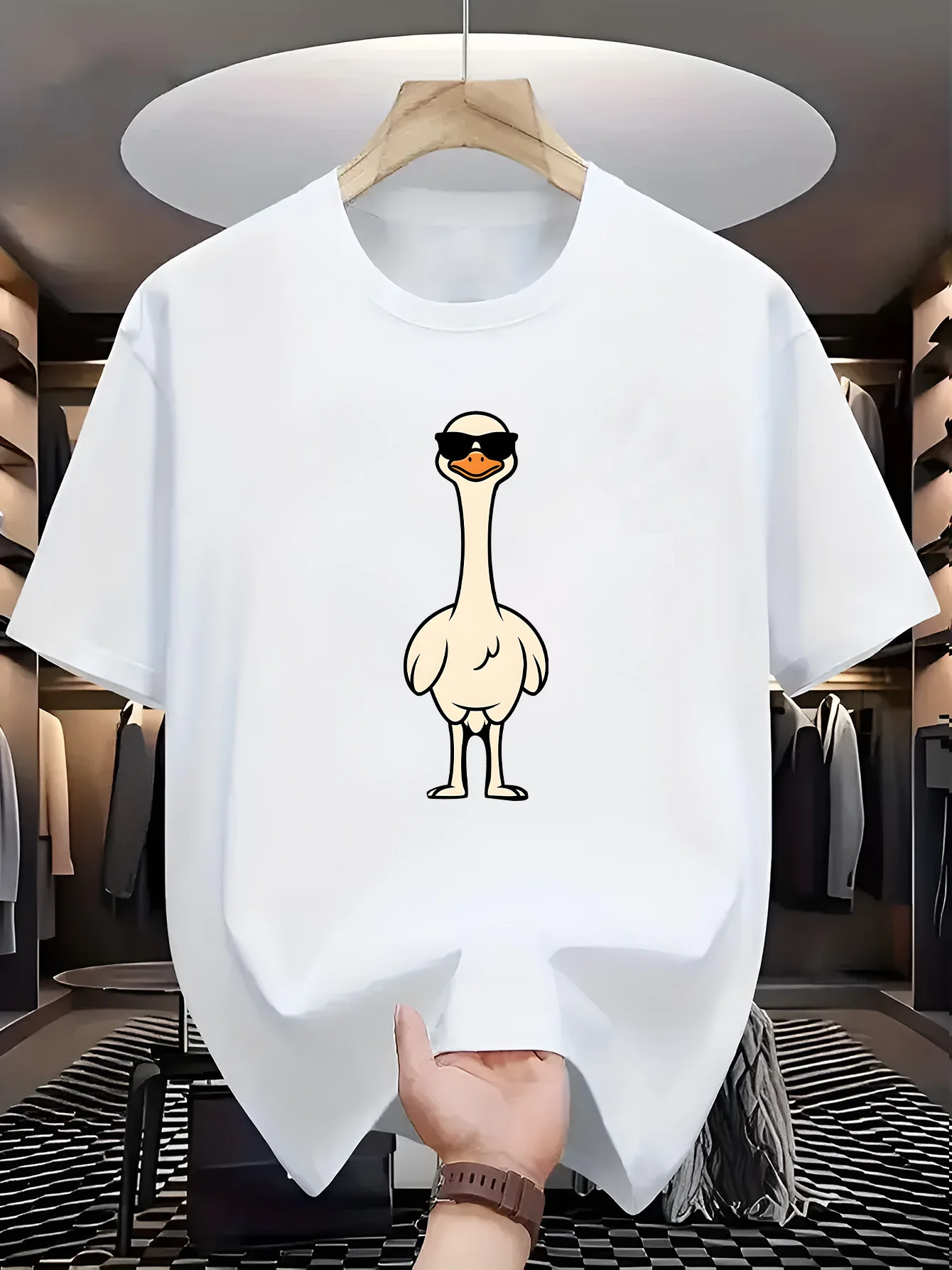 Men Navy Blue Crew Neck Tee Trendy Cartoon Cool Ostrich With Black Shades Simple Cute Bird Graphic Soft Cotton Casual Male Tops