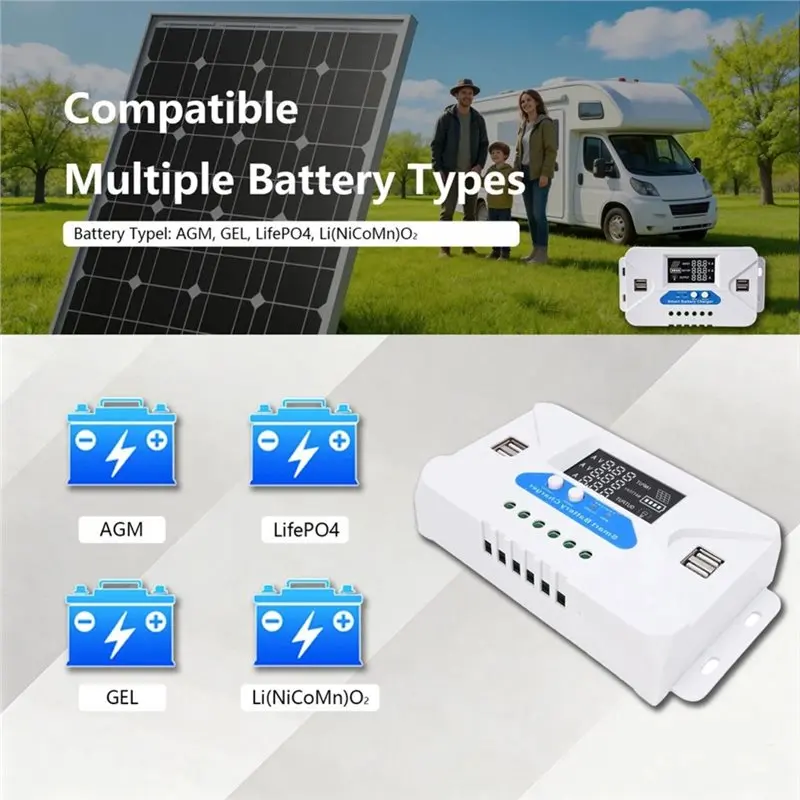 AB13-For 12V/24V Lifepo4 20A Solar Charge Controller PWM Regulator With 4 USB Ports LCD Display Automotive Battery