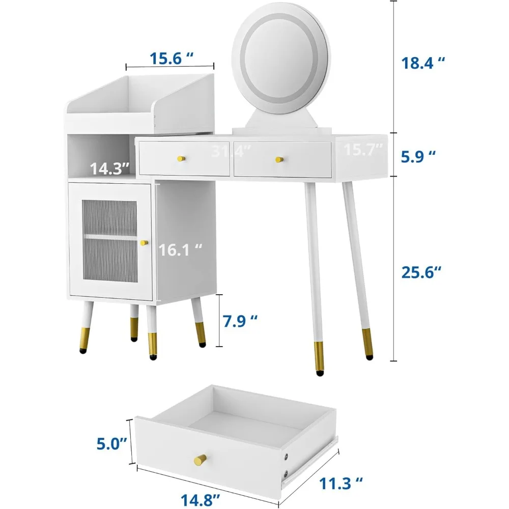 Cozy Castle Vanity Desk with Mirror and Lights，Adjustable Makeup Vanity Desk with Lighting Modes