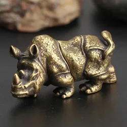 Pure Copper Miniatures Lucky Rhino Statue Figurines Desk Decorations Vintage Brass Animal Statue Home Decor Ornaments Crafts