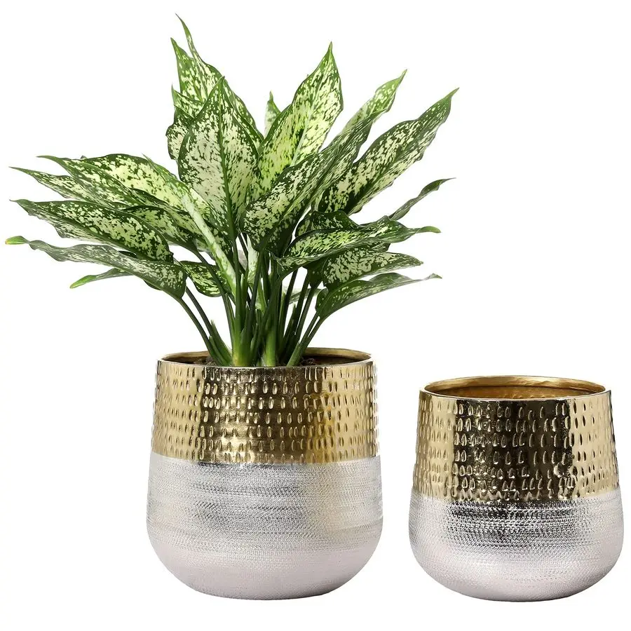 

Round TwoToned Indoor Planter Pot, Hammered Brass and Milled Embossed Silver Tone Metal Planter Vase, Set of 2 Handcrafted in In