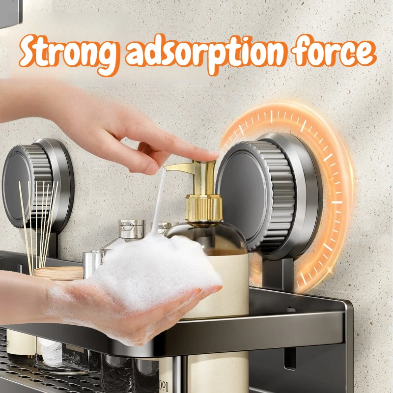 Wall Mounted Suction Cup Bathroom Shelves Multifunctional Shelf Handle with Hook Attached Strong Load Bearing Shelves Home