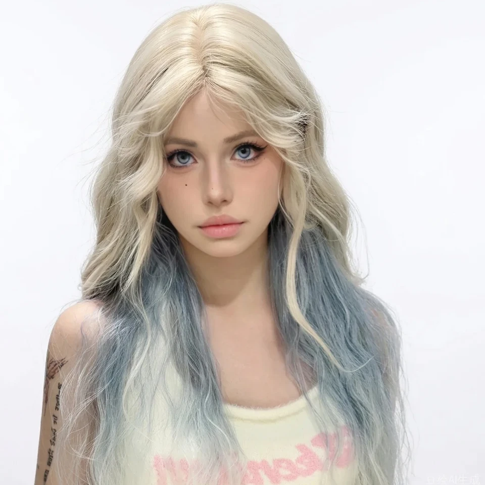 

Gold Ombre Blue Synthetic Long Wavy Wig Middle-part Bangs Fluffy Lolita Cosplay Wig for Women Heat Resistant Daily Part