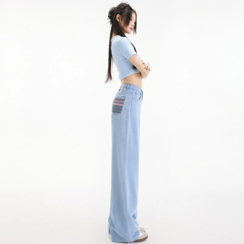 

Свободные прямые женские прямые джинсы, приятные для кожи, эластичные джинсовые брюки с высокой талией для отдыха, корейский винтажный повседневный стиль