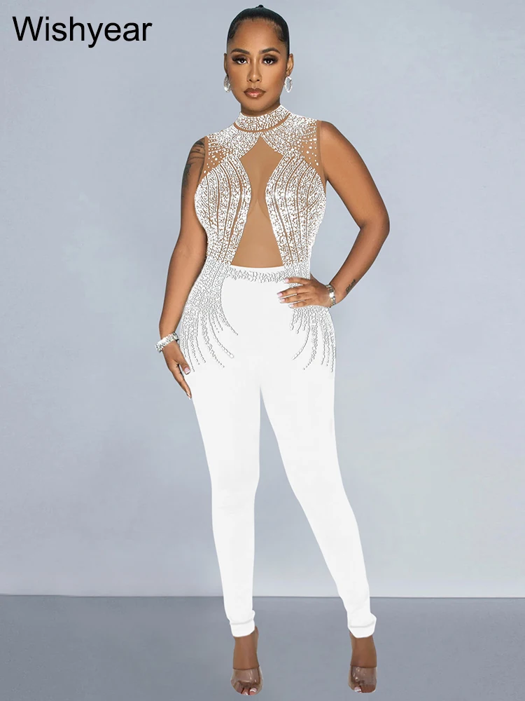 Wishyear-Tenue de club sexy une pièce pour femme, combinaison moulante en maille transparente, diamants et biscuits, nuit d'anniversaire