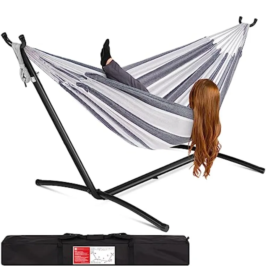 

Double Hammock with Stand for Indoor Outdoor Use, Brazilian-Style Cotton, Natural Beige, Ultra-Comfortable 2-Person Capacity wi