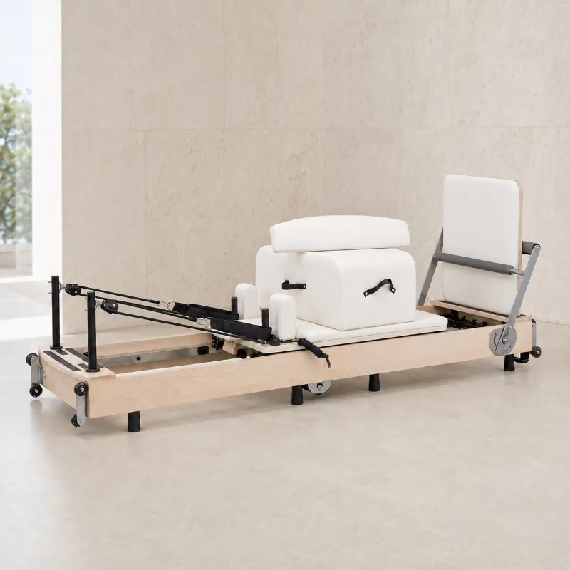 YTYIN FLOWA White Upholstery Low Maple Pilates Reformer 70kg With Foldable Box Chair Set And Nautical Pulley Bearing System