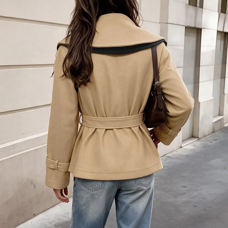 2026 New Women's Autumn And Winter Coat With Contrasting Tie Collar Fashionable Comfortable European Style Double Breasted Coat