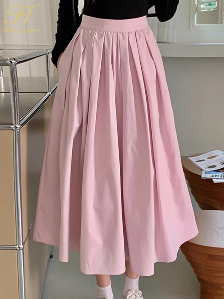

H Han Queen Autumn Women Fashion Skirt Korean Sweet Big Swing A-line Pattern Vintage Chic Female High Waist Long Skirts Mujer