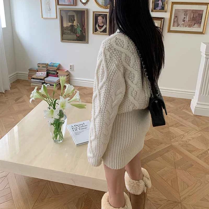 الخريف الشتاء تويست أنيقة المرأة محبوك سترة فستان ريترو فضفاض كم طويل س الرقبة البلوز فساتين قصيرة ملابس كاجوال جديدة #5