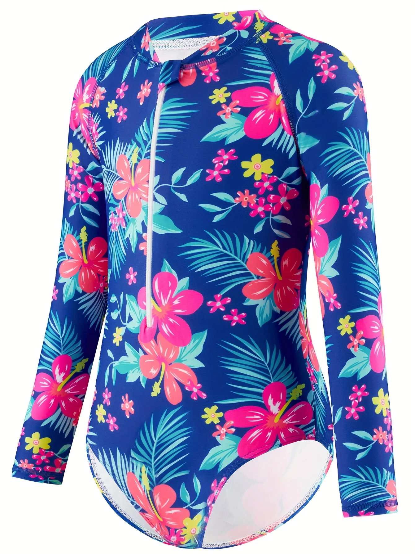 Girls Tropical Hibiscus Floral  Long Sleeve Swimsuit Zipper Front Quick Dry Bathing Suit for Beach Pool Vacation