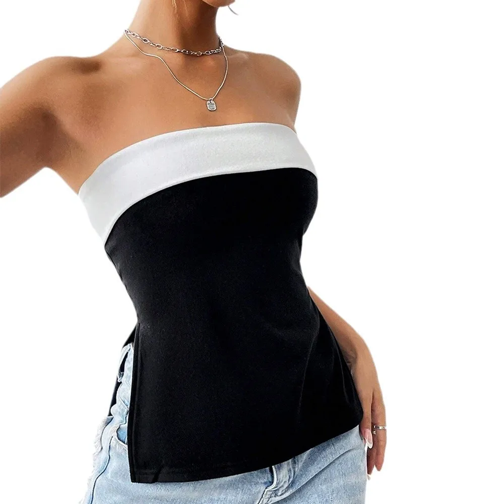 Women's Y2K Summer Crop Top Sweet Sexy Wrap Slim Fit Colorblock Strapless Short Length Tank Top for Women Wearable Outside