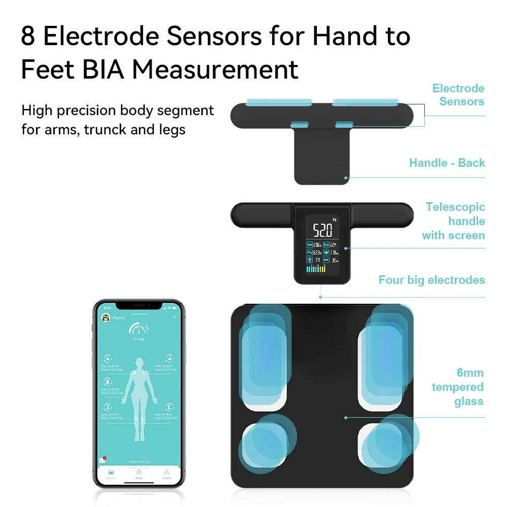 Fitdays 8 Electrode Body Fat Scale, 8 Electrodes Digital Bathroom Scale for Body Weight and Fat, BMI, Muscle Mass 28 Body Index