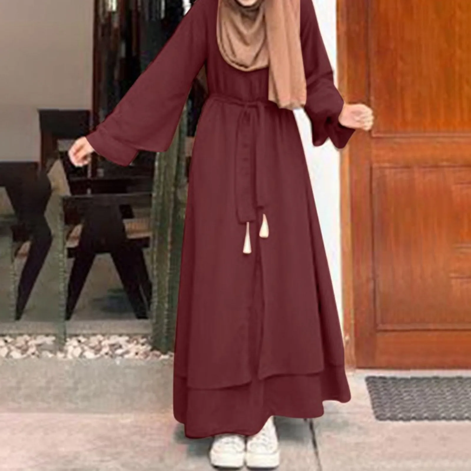 Fashion Elegant Solid Color Maxi Muslim Robe Women's Casual Loose Fit Lace-up Islam Ramadan Clothing Black Abayas Clothes