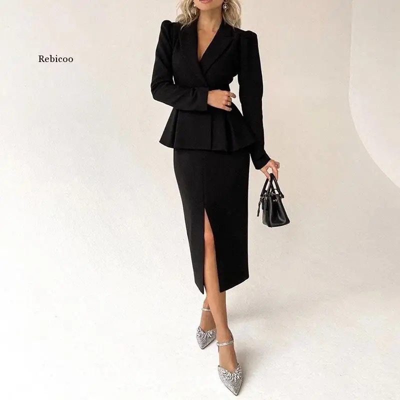 Solid Color Long-Sleeved Suit Skirt V-Neck Bud-Shaped Top Mid-Length Skirt Commuter Oversize Two Piece Skirt Suit For Woman