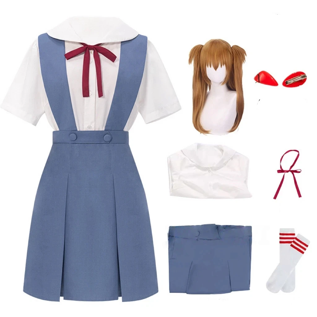 Rei ayanami cosplay traje asuka langley soryu cosplay feminino uniforme escolar vestidos peruca grampos de cabelo halloween loli roupas