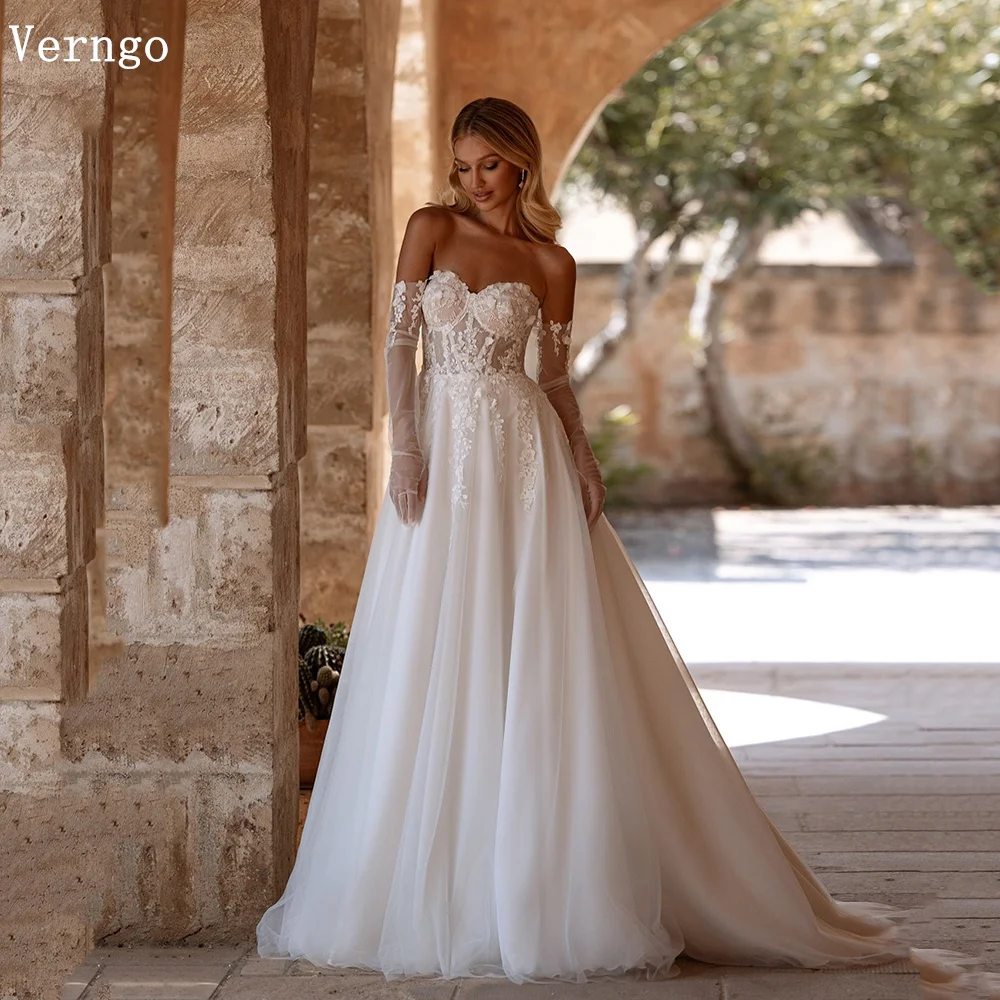 

Verngo lvory Appliques Tulle Wedding Dress Sweetheart A Line Sweap Train Bridal Gowns Timeless Modern Bride Dresses Customized