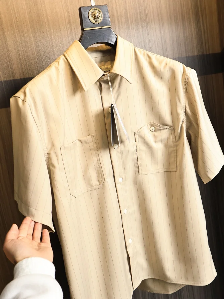 

Men's Summer Fashionable Striped Embroidery Drapey Breathable Shirt Turn-down Collar Standard Fit Short Sleeve Casual Shirt