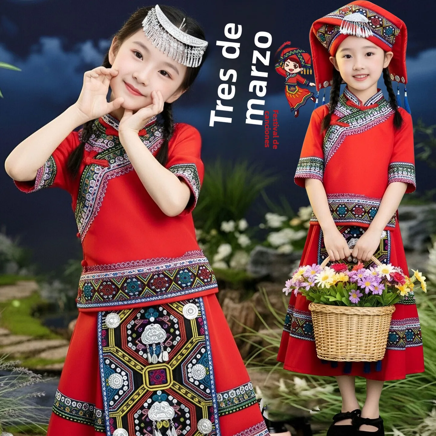 Trajes de actuación de ropa étnica para niños, trajes de escenario para niñas de nacionalidad Miao, , Hani, Tee March Tee