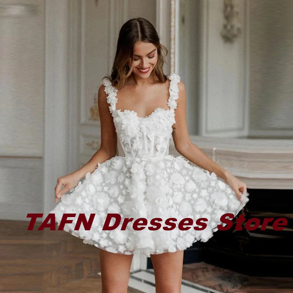 TAFN Spaghetti Straps Short Wedding Dresses Corset Sleeveless A-line Luxury Lace 3D Flowers Bridal Gown Customized